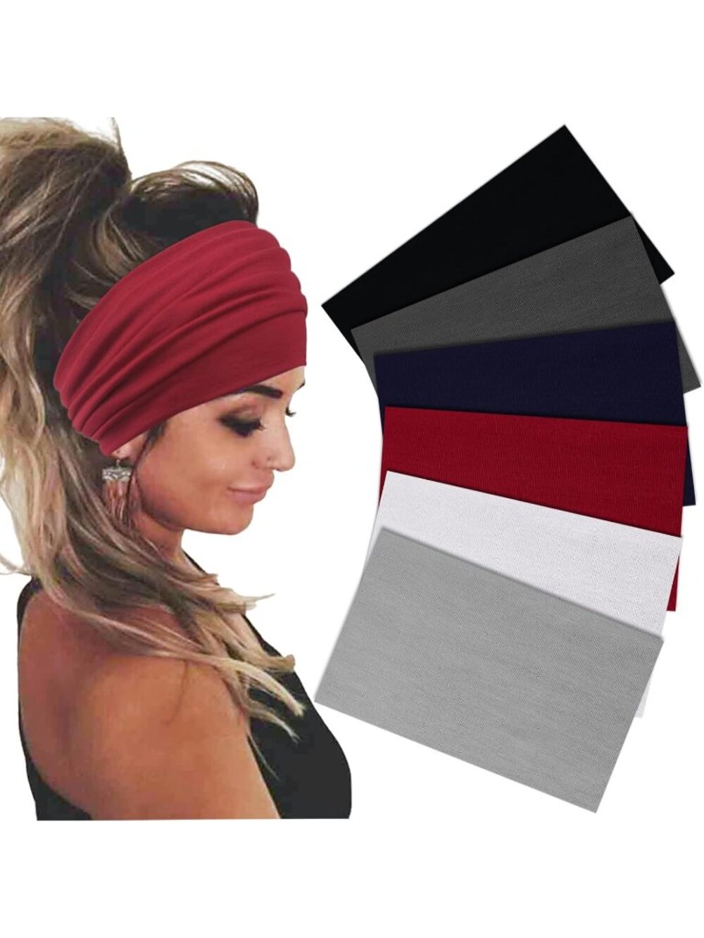 Women's Solid 2 Stretch 6 Pack Wide Headband Turban Yoga Hairband Accessories
